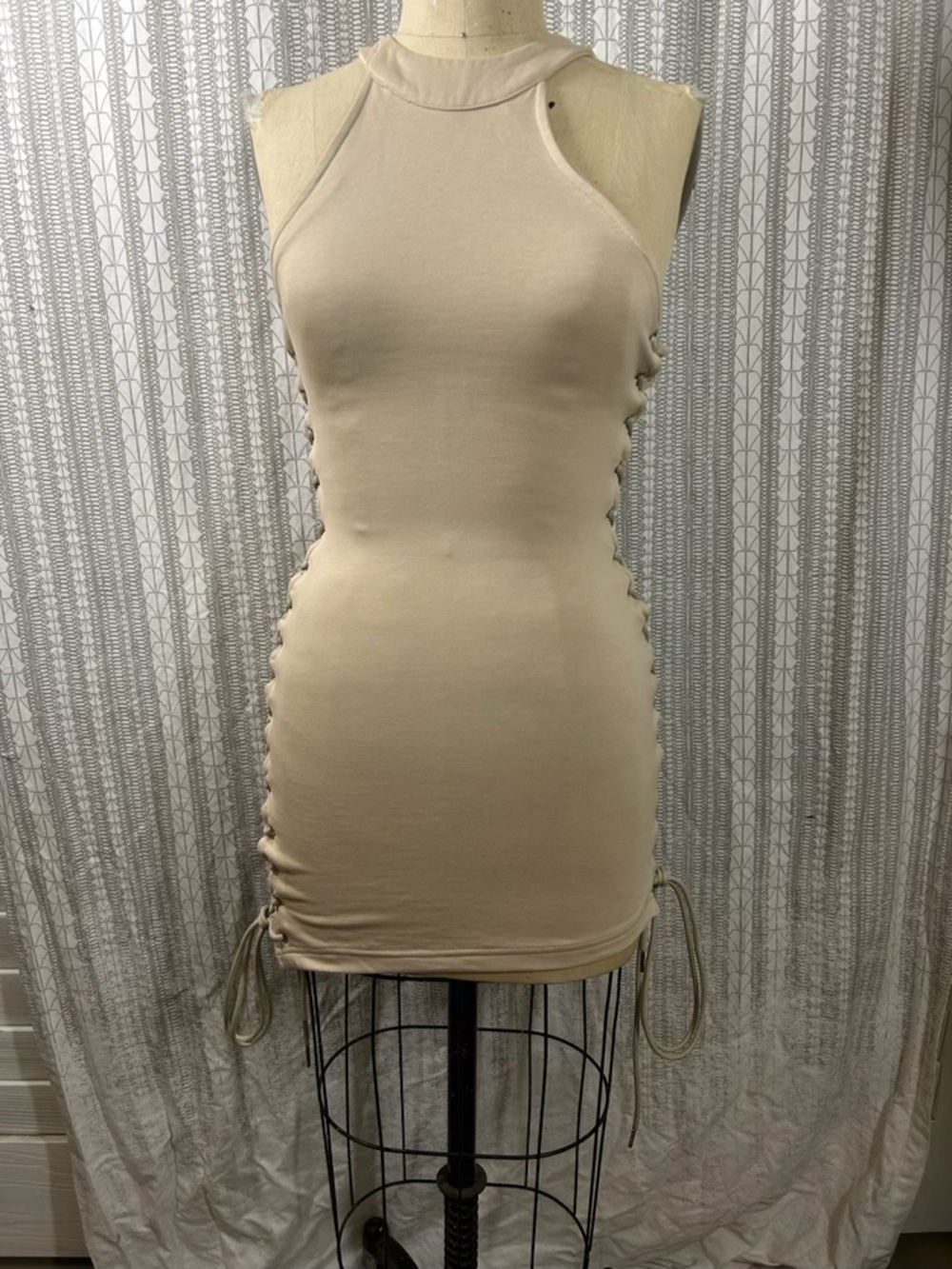 MISS8 Sleeveless Side-Ruched Mini Dress in Neutral Beige